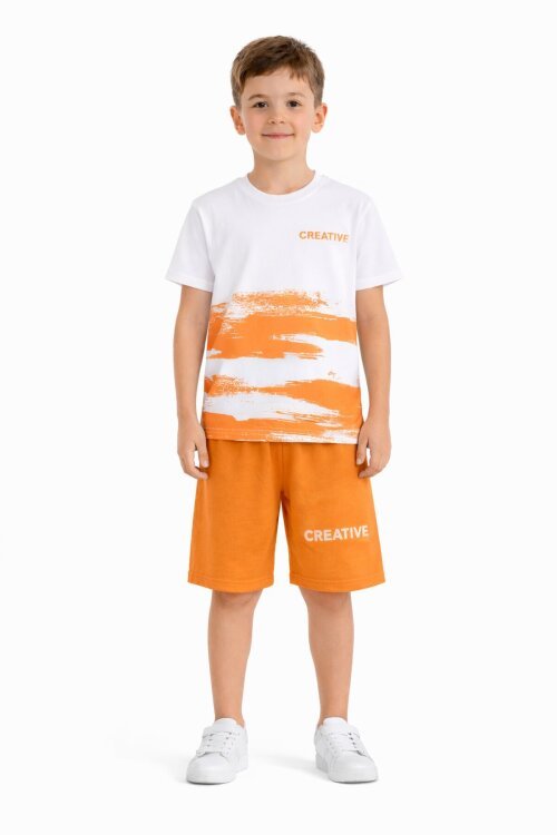 Turuncu Creative Yazılı Desenli Tişörtlü Erkek Çocuk Şortlu Takım 23793