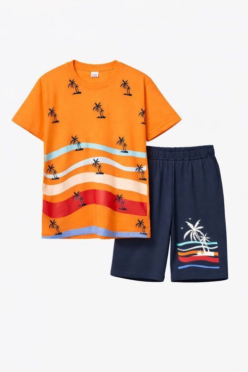 Turuncu Palmiye Desenli Bisiklet Yaka Erkek Çocuk Şortlu Takım 20624