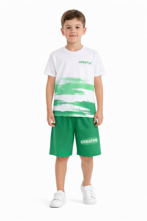 Yeşil Creative Yazılı Desenli Tişörtlü Erkek Çocuk Şortlu Takım 23790