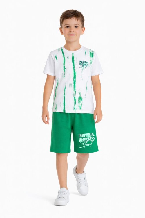 Yeşil Desenli Tişörtlü Erkek Çocuk Yazı Baskılı Şortlu Takım 23786