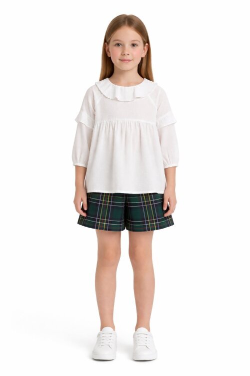 Yeşil Ekose Desenli Şort Etekli Gömlekli Kız Takım 17976