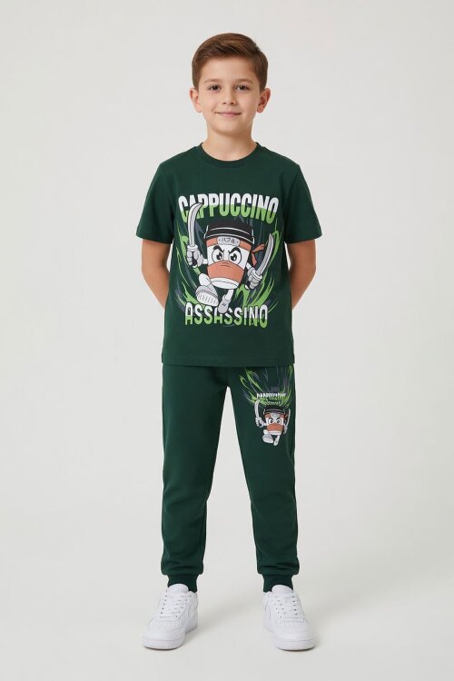 Yeşil Karakter Baskılı Bisiklet Yaka Tişörtlü Erkek Çocuk Eşofmanlı Takım 23846