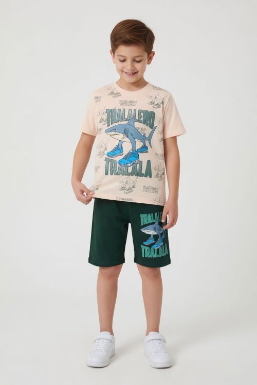 Yeşil KöpekBalığı Baskılı Bisiklet Yaka Erkek Çocuk Şortlu Takım 23837