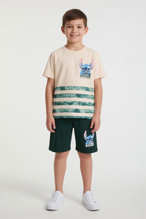 Yeşil Palmiye Desenli Çizgili Tişörtlü Erkek Çocuk Şortlu 2li Takım 23930