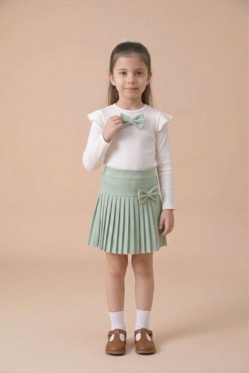 Yeşil Piliseli Etekli Uzun Kol Badili Kız Çocuk Elbise Takımı 17743