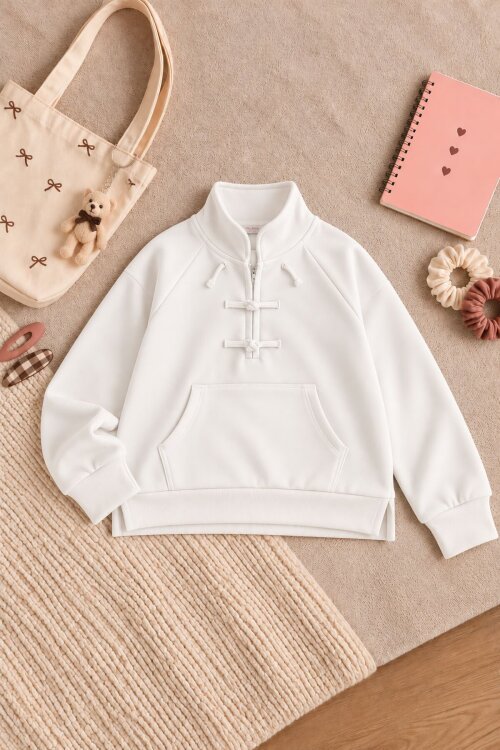 Beyaz Kız Çocuk Çin Düğmeli Fermuar Yaka Uzun Kol Sweatshirt 25117
