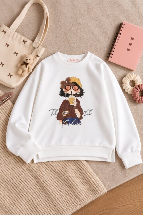 Beyaz Kız Figürlü Fiyonk Detaylı Bisiklet Yaka Uzun Kol Kız Çocuk Sweatshirt 25096