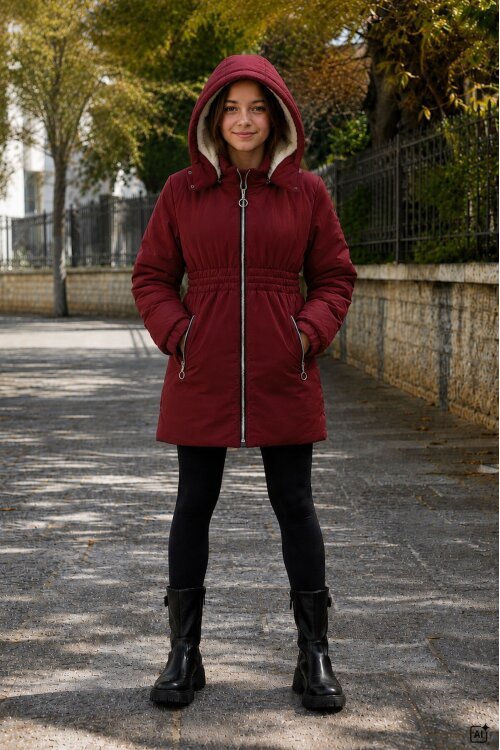 Bordo Kız Çocuk Beli Büzgülü İçi Peluş Kürklü Çıkarılabilir Kapüşonlu Şişme Mont  24893