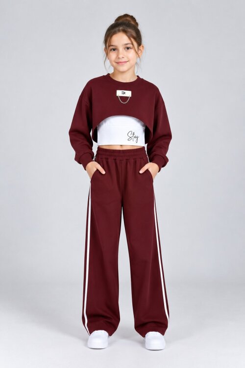 Bordo Kız Çocuk Crop Badili Zincir Detaylı Geniş Paça 3lü Takım 25002