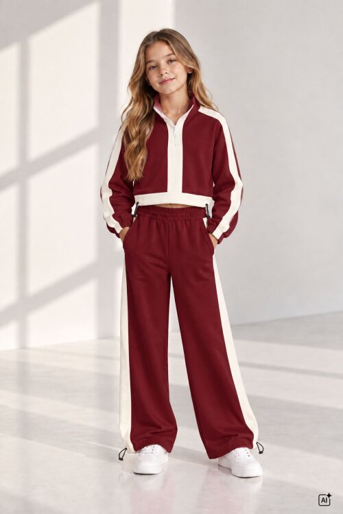 Bordo Kız Çocuk Fermuar Yaka Crop Sweatshirt Şeritli Geniş Paça Eşofman Takımı 24945
