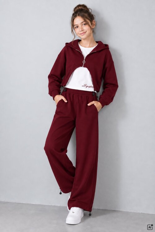 Bordo Kız Çocuk Fermuarlı Bolerolu Geniş Paça Sıfır Kol Bluzlu 3lü Takım 24997