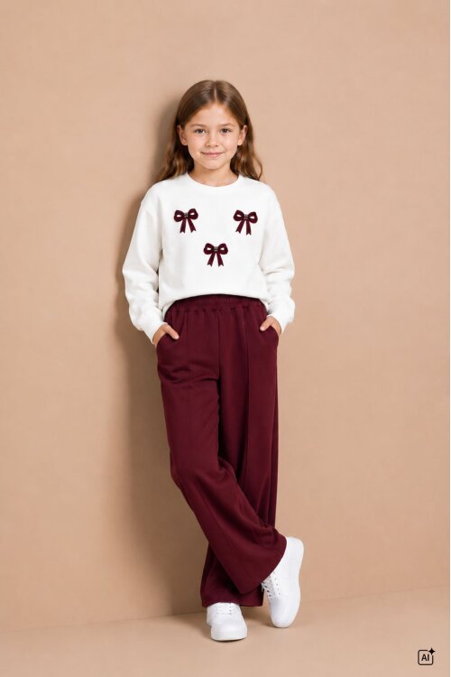 Bordo Kız Çocuk Fiyonk Desenli Sweatshirt Geniş Paça Eşofman Takımı 24828