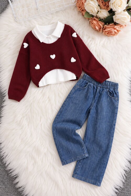 Bordo Kız Çocuk Kalp İşlemeli Trikolu Jean Pantolonlu 3lü Badili Takım 25066
