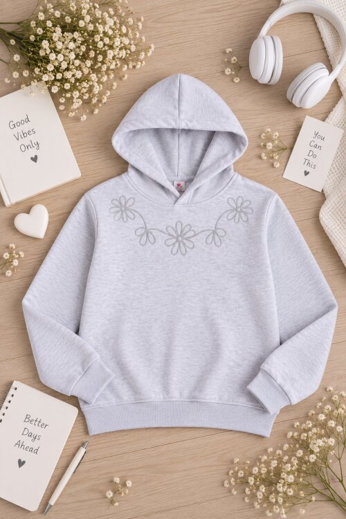 Gri Kız Çocuk Çiçek Nakışlı Kapüşonlu 3 İplik Sweatshirt 24985