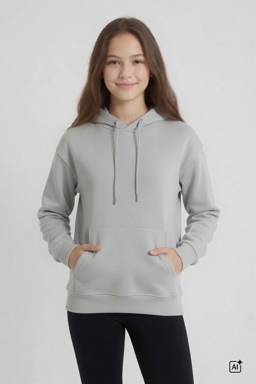 Gri Kız Çocuk Kanguru Cepli Şardonlu Kapüşonlu Sweatshirt 24692