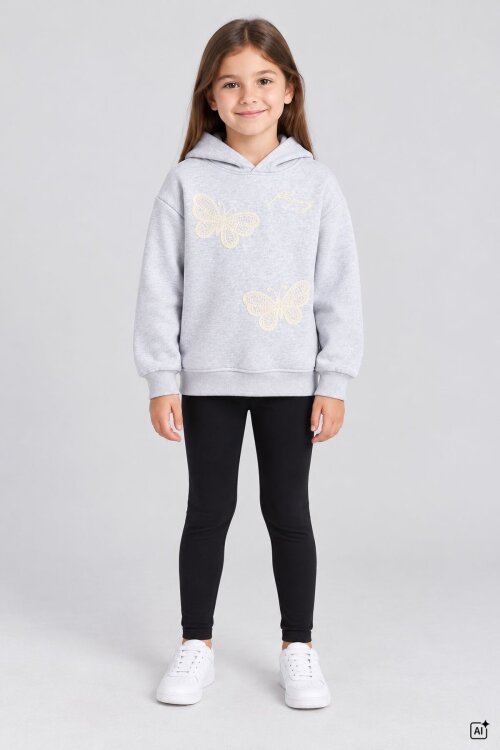 Gri Kız Çocuk Kelebek Nakışlı Şardonlu Kapüşonlu Sweatshirt  25029