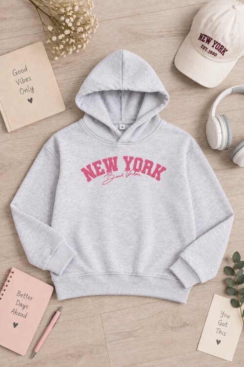 Gri Kız Çocuk New York Baskılı 3 İplik Kapüşonlu Sweatshirt 24991