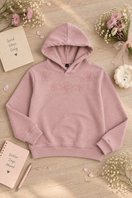 Gül Kurusu Kız Çocuk Çiçek Nakışlı Kapüşonlu 3 İplik Sweatshirt 24987
