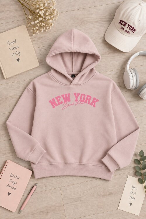 Gül Kurusu Kız Çocuk New York Baskılı 3 İplik Kapüşonlu Sweatshirt 24993