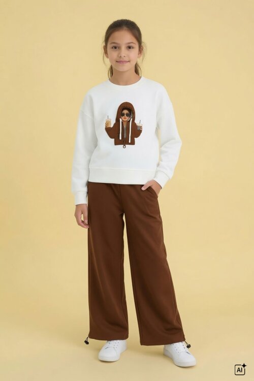 Kahve Kız Çocuk Hoodie Detaylı Sweatshirt Geniş Paça Eşofman Takımı 24782