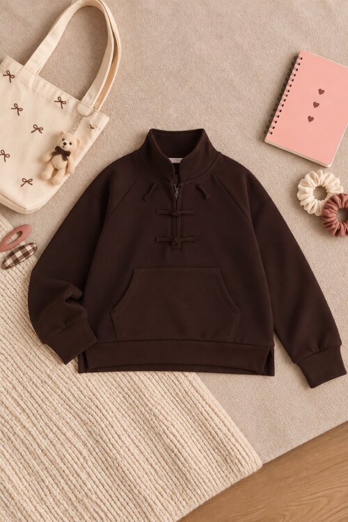 Kahverengi Kız Çocuk Çin Düğmeli Fermuar Yaka Uzun Kol Sweatshirt 25119