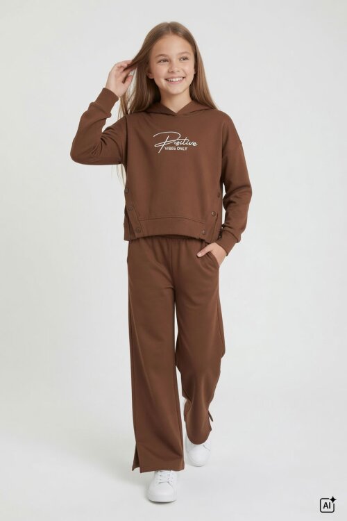 Kahverengi Kız Çocuk Çıtçıt Detaylı Kabartmalı Sweatshirt Geniş Paça 2li Eşofman Takımı 24764