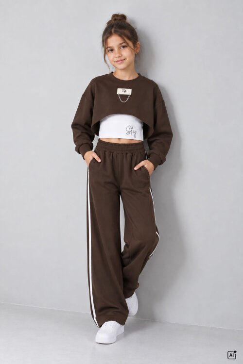 Kahverengi Kız Çocuk Crop Badili Zincir Detaylı Geniş Paça 3lü Takım 25001