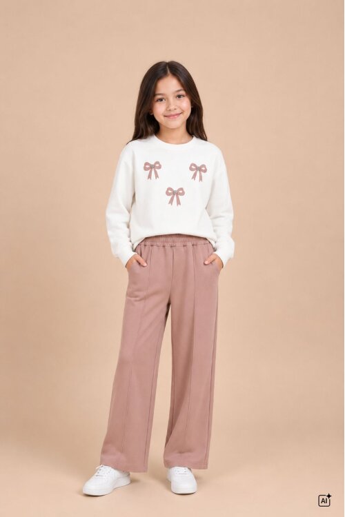 Kahverengi Kız Çocuk Fiyonk Desenli Sweatshirt Geniş Paça Eşofman Takımı 24825