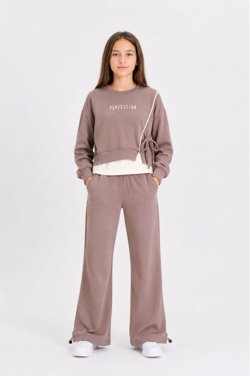Kahverengi Kız Çocuk Garnili Sweatshirt Lastikli Paça Eşofmanlı 2li Alt Üst Takım 24767