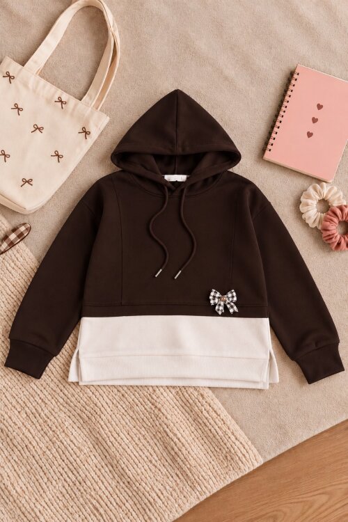 Kahverengi Kız Çocuk İki Renkli Fiyonk Detaylı Kapüşonlu Sweatshirt 25120
