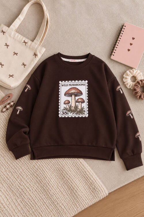 Kahverengi Kız Çocuk Mushrooms Baskılı Uzun Kol Bisiklet Yaka Sweatshirt 25098