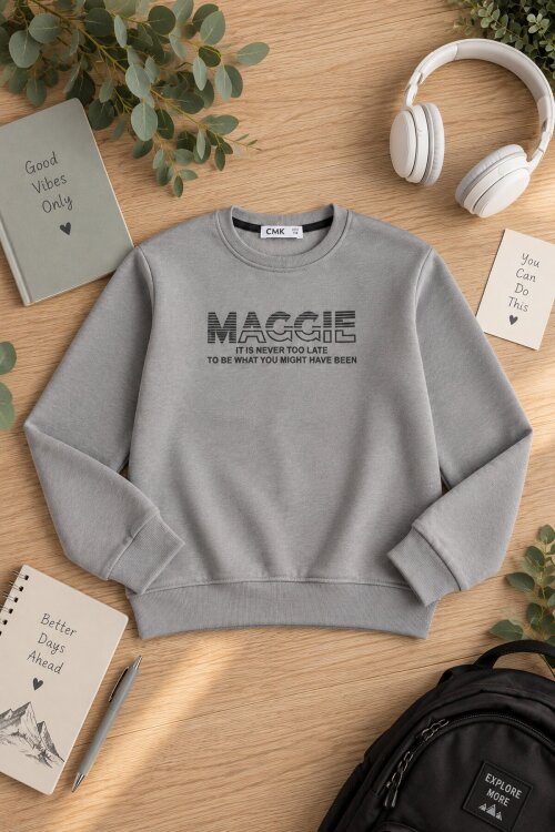 Koyu Gri Erkek Çocuk Yazı Baskılı Bisiklet Yaka Şardonlu Uzun Kol Sweatshirt 24967