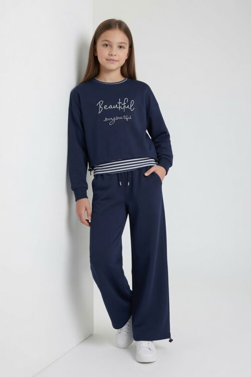 Lacivert Kız Çocuk Çizgili Croplu Sweatshirt 3lü Geniş Paça Eşofman Takımı 24776