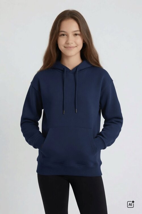 Lacivert Kız Çocuk Kanguru Cepli Şardonlu Kapüşonlu Sweatshirt 24689