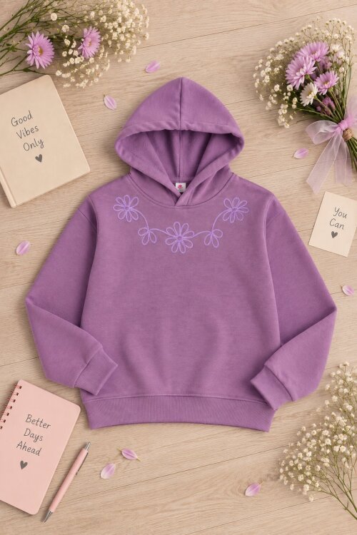 Lila Kız Çocuk Çiçek Nakışlı Kapüşonlu 3 İplik Sweatshirt 24986