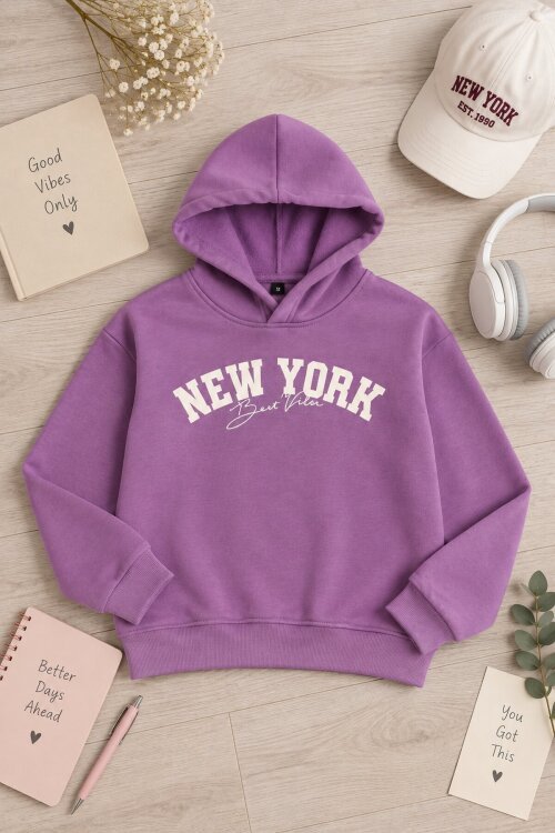 Lila Kız Çocuk New York Baskılı 3 İplik Kapüşonlu Sweatshirt 24992
