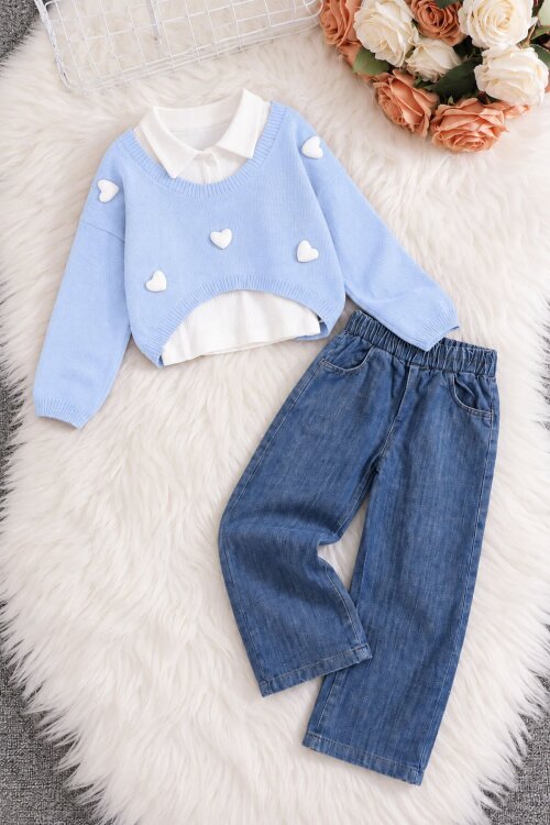 Mavi Kız Çocuk Kalp İşlemeli Trikolu Jean Pantolonlu 3lü Badili Takım 25067