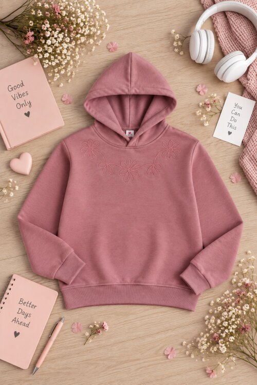 Pembe Kız Çocuk Çiçek Nakışlı Kapüşonlu 3 İplik Sweatshirt 24984