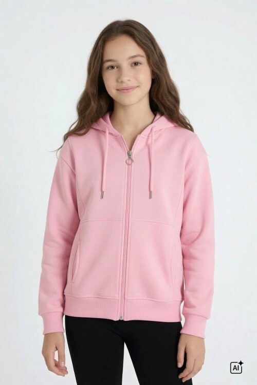 Pembe Kız Çocuk Fermuarlı Kapüşonlu Basic Hırka Şardonlu 24671