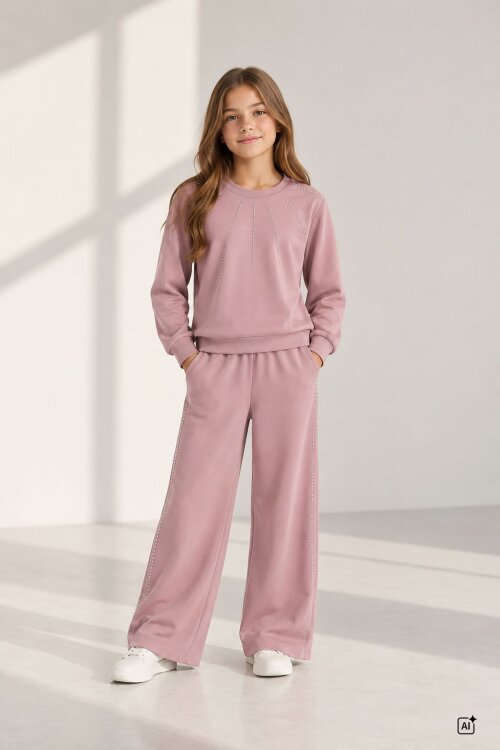 Pembe Kız Çocuk Geniş Paça Pantolonlu Taş Detaylı Badili Eşofman Takımı 24951