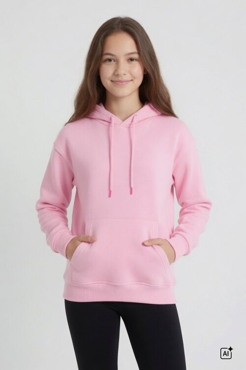 Pembe Kız Çocuk Kanguru Cepli Şardonlu Kapüşonlu Sweatshirt 24688