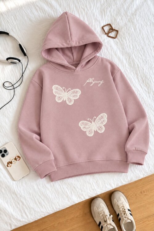 Pembe Kız Çocuk Kelebek Nakışlı Şardonlu Kapüşonlu Sweatshirt  25028