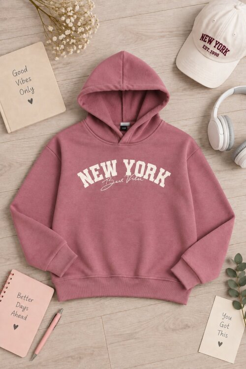 Pembe Kız Çocuk New York Baskılı 3 İplik Kapüşonlu Sweatshirt 24990