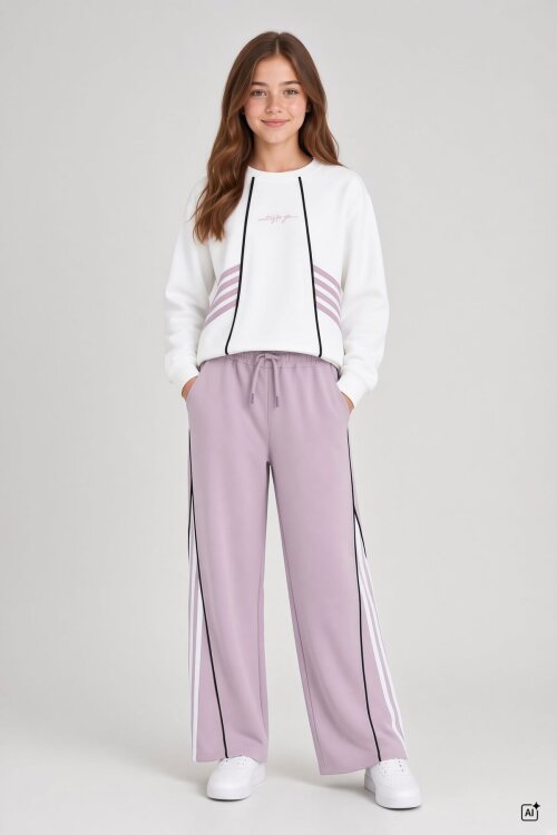 Pembe Kız Çocuk Şeritli Sweatshirt Geniş Paça Eşofman Takımı  24681