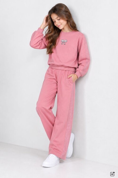 Pembe Kız Çocuk Yanları İşlemeli Detaylı Geniş Paça Eşofman Takımı 24970