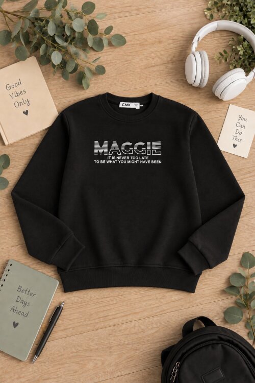 Siyah Erkek Çocuk Yazı Baskılı Bisiklet Yaka Şardonlu Uzun Kol Sweatshirt 24963