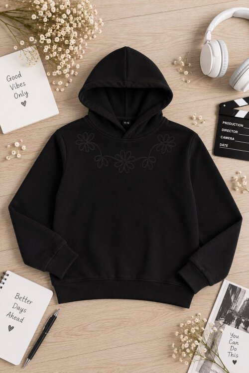 Siyah Kız Çocuk Çiçek Nakışlı Kapüşonlu 3 İplik Sweatshirt 24983
