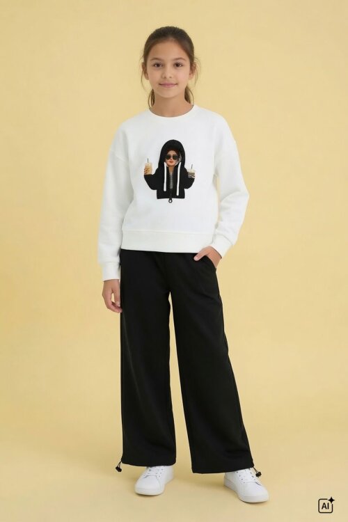 Siyah Kız Çocuk Hoodie Detaylı Sweatshirt Geniş Paça Eşofman Takımı 24779