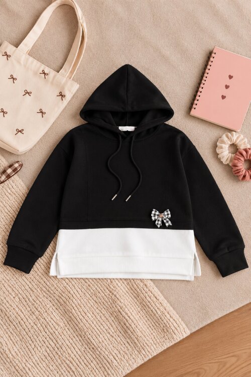 Siyah Kız Çocuk İki Renkli Fiyonk Detaylı Kapüşonlu Sweatshirt 25116