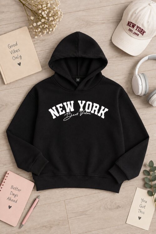 Siyah Kız Çocuk New York Baskılı 3 İplik Kapüşonlu Sweatshirt 24989